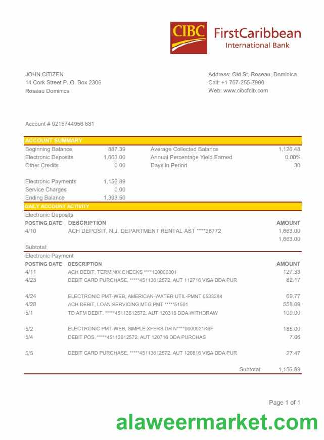Dominica CIBC First Caribbean International Bank statement easy to fill template in .xls and .pdf file format